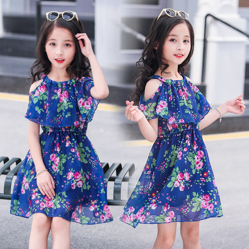 Top Pick Summer Girls Casual Dresses Girls Princess Party Ruffle Dress Print Short Sleeve Off-the-shoulder Girls Dress