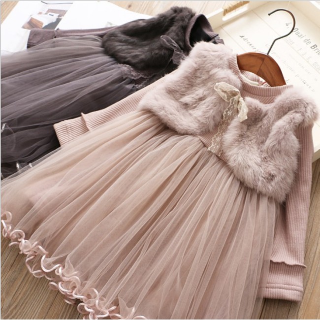 Girl Tulle Dress Long Sleeve False Two Pieces Fluff Vest Princess Skirts Kids Keep Warm Tutu Prom Party Clothing
