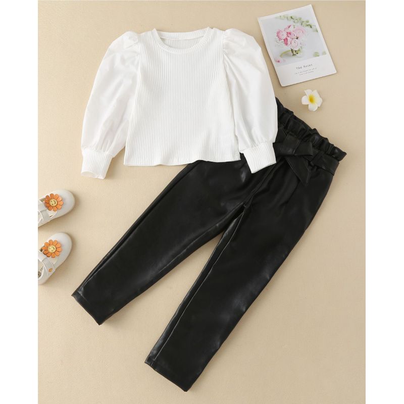 Conyson White Long Sleeve Pullover Baggy Sweats Ruffle Square Collar Leather Pure Color baby girls Long Pants Girl 2Pcs Suit