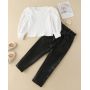 Conyson White Long Sleeve Pullover Baggy Sweats Ruffle Square Collar Leather Pure Color baby girls Long Pants Girl 2Pcs Suit