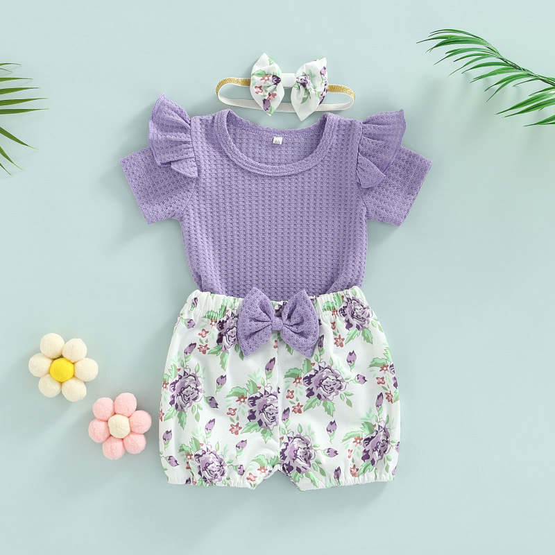 Conyson Summer Cute Baby Girls Summer 3Pcs Clothes Sets Solid Color Short Sleeve T-shirt + Floral Lantern Shorts Headband Sets