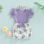 Conyson Summer Cute Baby Girls Summer 3Pcs Clothes Sets Solid Color Short Sleeve T-shirt + Floral Lantern Shorts Headband Sets