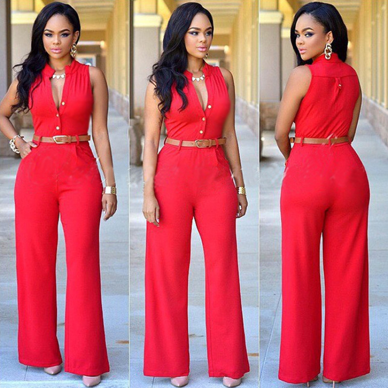 Summer Siamese Trousers Button Belt Sleeveless Pockets V neck Colourful Romper Suits Outfit 2022 Plus Size Women Casual Jumpsuit