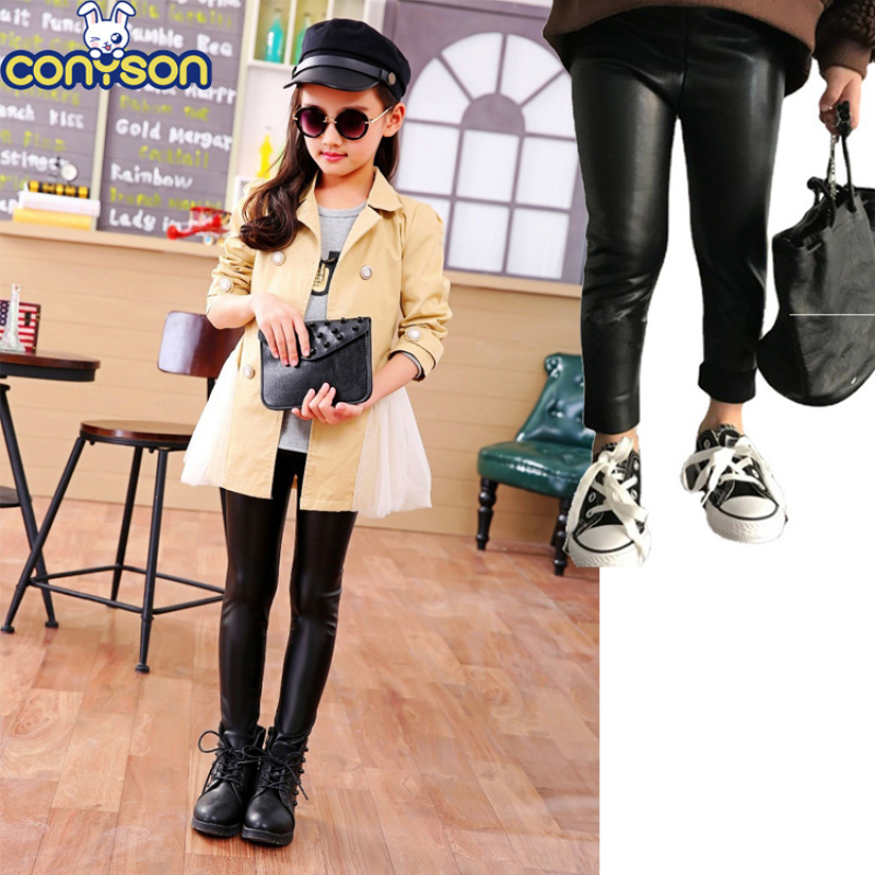 Conyson Hot Kids Clothes Velvet Leggings Pencil Pants Children Warm Trousers Faux PU Leather Legging Slim Leather Pants