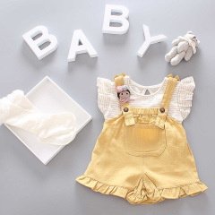 2021 Children's Cute Stripe High Quality Summer New Fashion Little Girls Striped Blouse With Suspenders 2 Piece Set