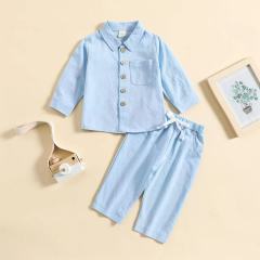 Conyson Autumn Boys' Solid Color Cotton Linen Stand up Collar Casual Comfortable Long Sleeve Trousers Two piece