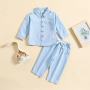 Conyson Autumn Boys' Solid Color Cotton Linen Stand up Collar Casual Comfortable Long Sleeve Trousers Two piece
