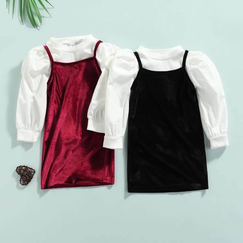Conyson New Spring New Arrival Girls Fashion 2 Pieces Solid Long Puff Sleeve Knit T Shirts+Velvet Straight Suspender Dress