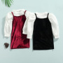 Conyson New Spring New Arrival Girls Fashion 2 Pieces Solid Long Puff Sleeve Knit T Shirts+Velvet Straight Suspender Dress
