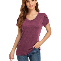 Conyson Hot Wholesale Casual Style Spring Summer Plain V Neck Petal Sleeve Loose Oversize Women White Tops Short T-shirt