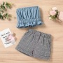Conyson Wholesale Fashion Summer Girls Suit Blue Sleeveless Boutique Blue Wrinkled Top Plaid Shorts Two Pieces Girl Outfits