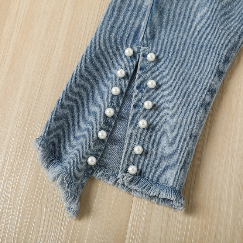 2022 Toddler Kids Girls Autumn Outfits Dots Ruffles Off Shoulder Long Sleeve Shirts Ripped Hole Flare Jeans Children Clothes Set