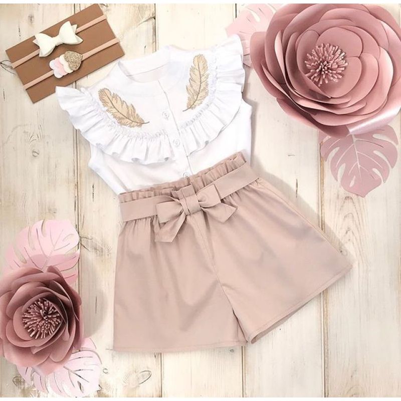Girls Clothing Childrens 2021 Lovely Kid Baby Girls Feather Clothes Sets Summer Sleeveless Tops Shorts 2pcs Suit Outfits Kids
