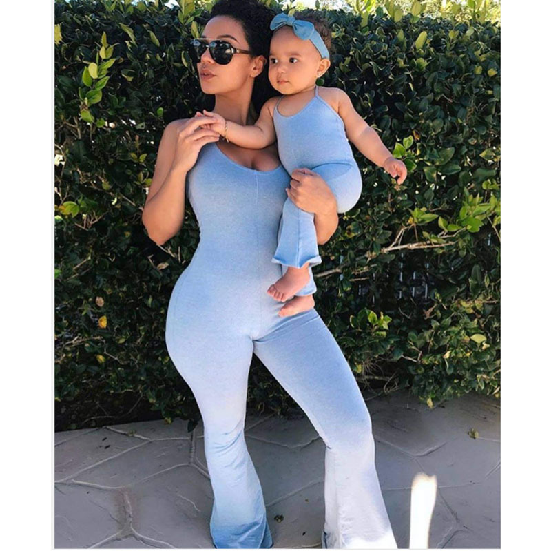 2022 Solid Color Top Sling Jumpsuit Mommy and Me Outfits Pullover Crewneck Sweatshirt Family Clothing Mother and Daughter Sets