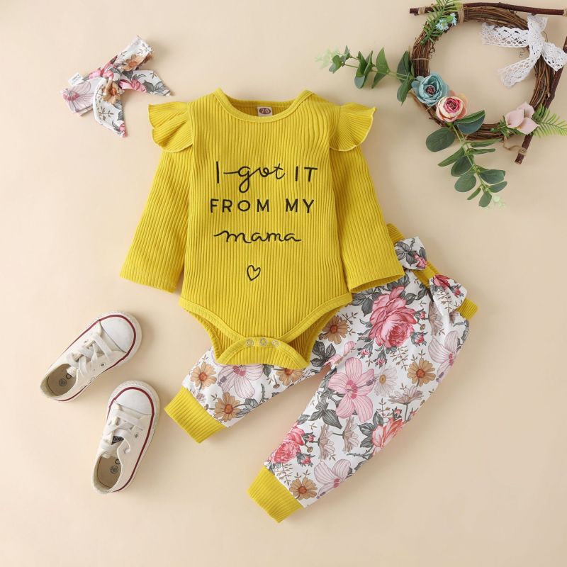 Winter Autumn Baby Girl Strip Embroidered Organic Cotton Letters Sleeve Clothes Set Three-piece Suit