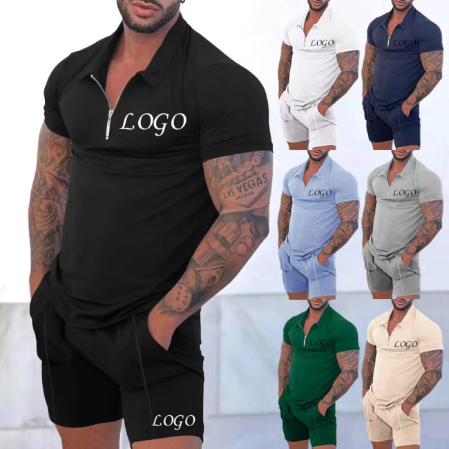 2023 Custom Logo Summer Wholesale Polo Casual Designer Shorts And Shirt Sweatsuit Street Zip Lapel Two Pieces Men Jogger Sets