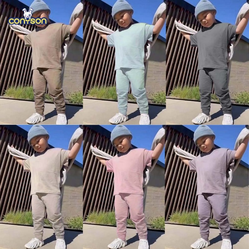 Conyson Summer Kids Boys Cotton Outfit O-neck T-shirt Tops Long Pants Toddler Baby Boy Sweatshirts Solid Kids Jogging Suits