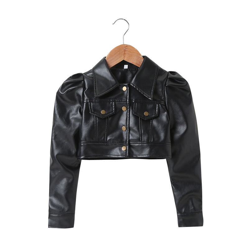 New Fashion Kids Girl Puffed Sleeve Brown Cute Black Short Pu Leather Children's Casual Handsome Motorcycle Wear Jacket
