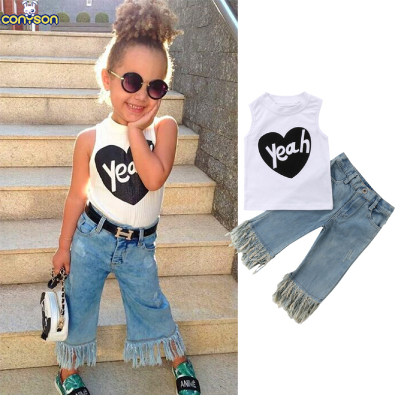 Conyson fashion boutique Baby suit Spring summer tank top Sleeveless print vest kid clothing girl cotton denim pants clothes Set