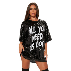 Conyson Summer Fashion Round Neck Half Sleeve Loose Beaded Printed Dress Women's Party Sequin Style Nightclub Style Women Dress