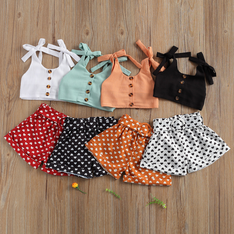 Conyson Toddler Baby Girl Summer 2Pcs Set Solid Bandage Suspender Tops + Polka Dot Elastic Heart Short Pants Casual Outfits