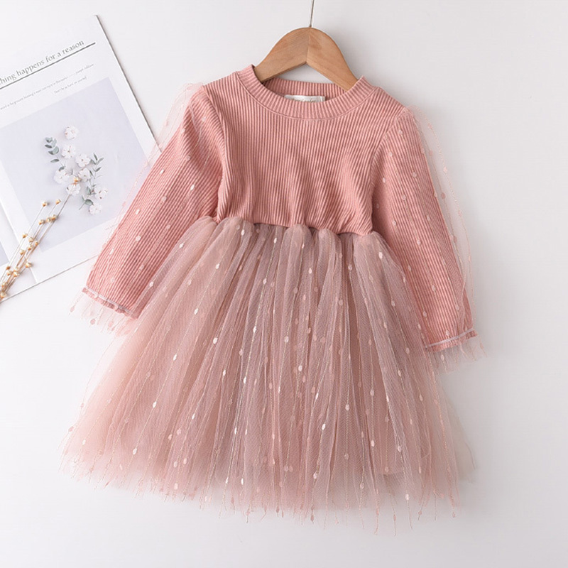 Factory Customization Woolen Cotton Ball Gown Below Knee Girl Solid Long Sleeve Dress Children