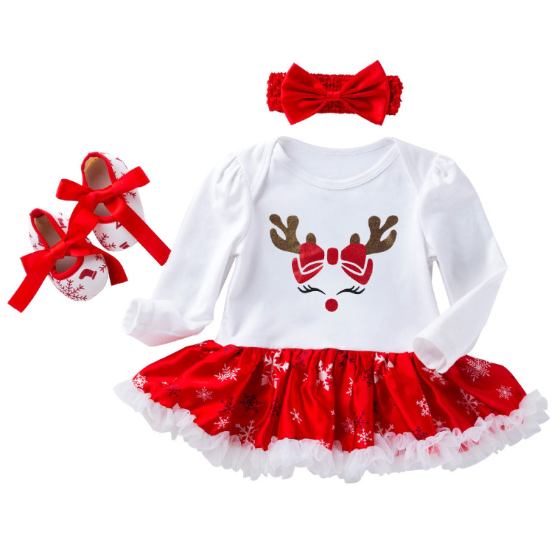 Baby Girl Christmas Long Sleeve Reindeer Jumpsuit Set Cartoon Print Dress Shoes Three-piece Suit Skirt Girl Party Costume