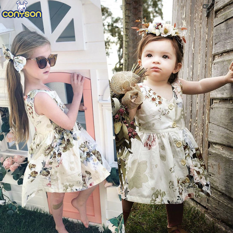 Conyson Wholesale Summer New Kids Clothes Children Baby Girls Sleeveless Printed Skirt Button Big Flower Cotton Baby Girls Dress