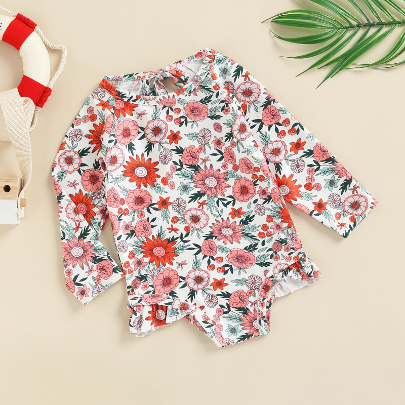 Conyson 1-6T Toddler Girls Summer Casual Long Sleeve O Neck Floral Print Bodysuit Swimsuit Heart Flowers Kids Girl Swimwear