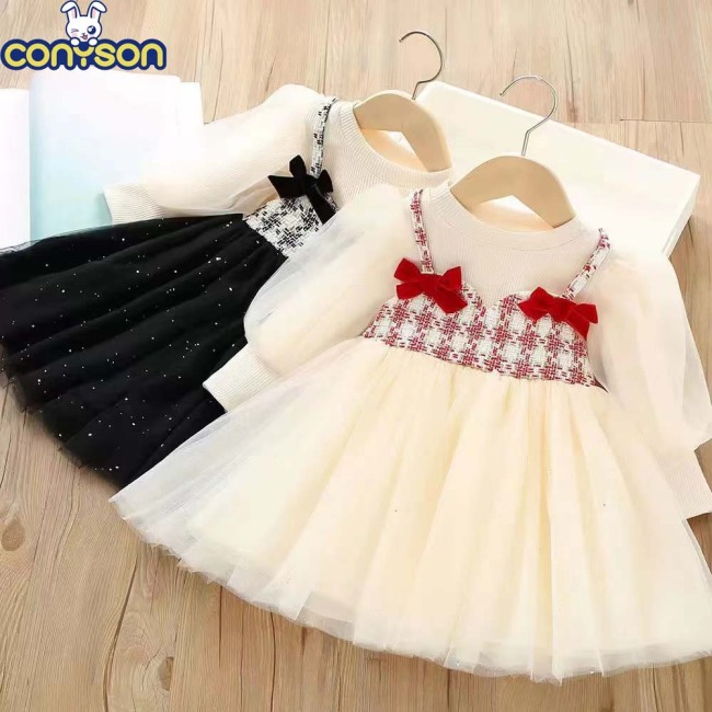 Conyson New Arrival Latest Design Fashion Lattice Bowknot Baby Girl Casual Princess Dress Spring Fall Kids Girl Cotton Clothing