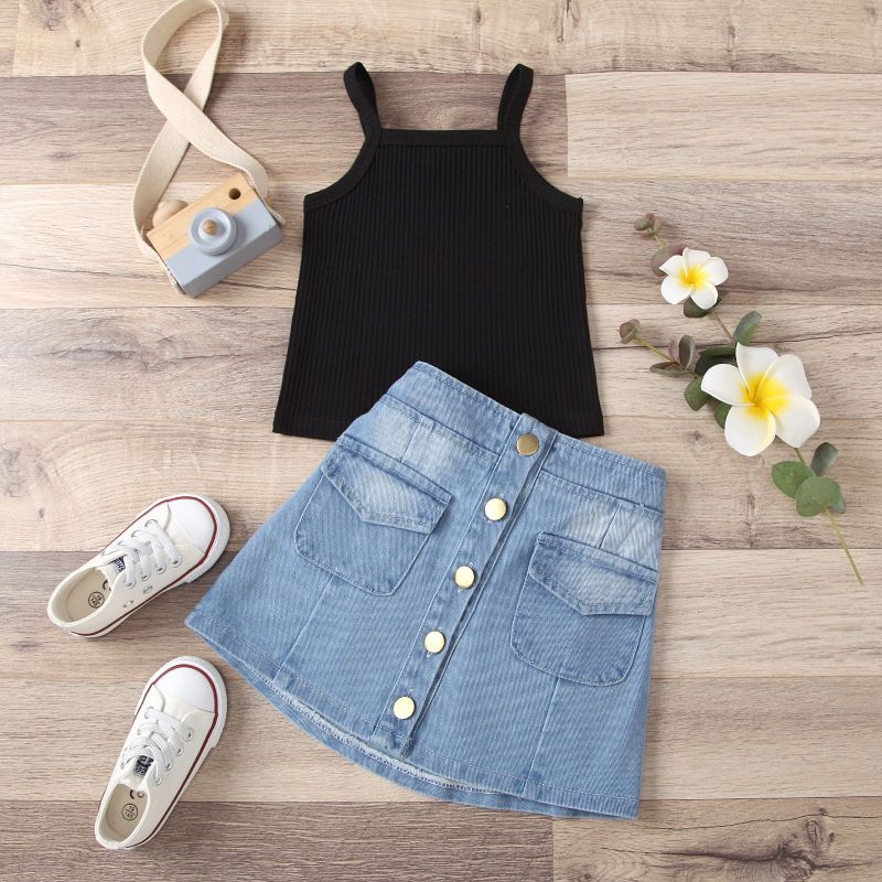 2021 New Infant Kid Girl Bright Color Sleeveless Tank Top + Denim Skirt 2 Pcs Clothing Set 1-5 T