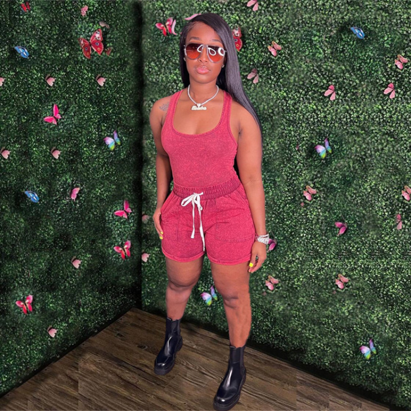 2023 Summer New 2 Piece Set Solid Tie Dye Printed Vest Shorts Suit Tied Rope Fitness Workout Yoga Sports Two-Piece Women Set