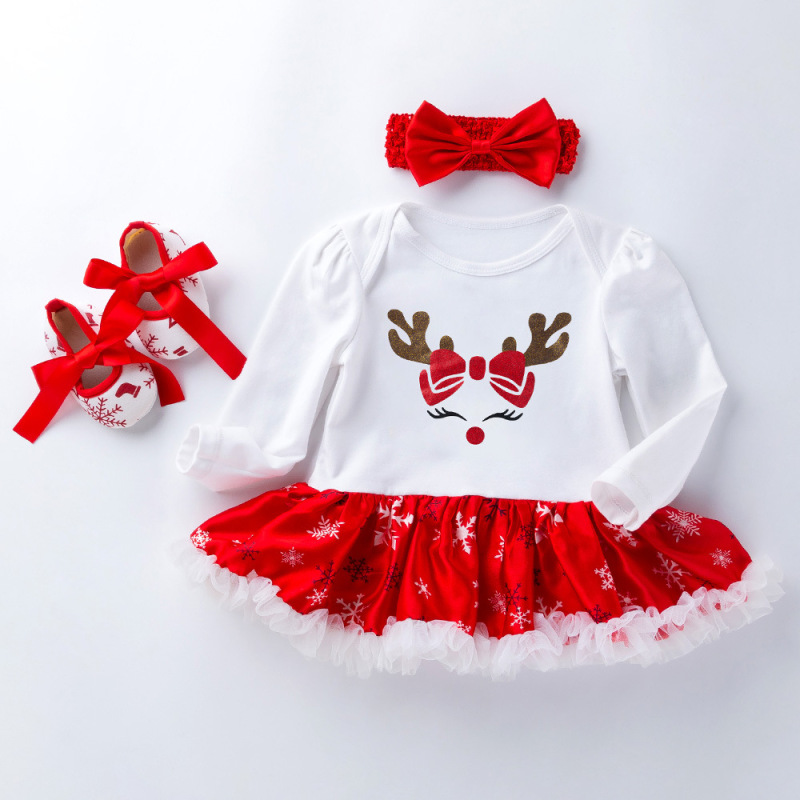Baby Girl Christmas Long Sleeve Reindeer Jumpsuit Set Cartoon Print Dress Shoes Three-piece Suit Skirt Girl Party Costume