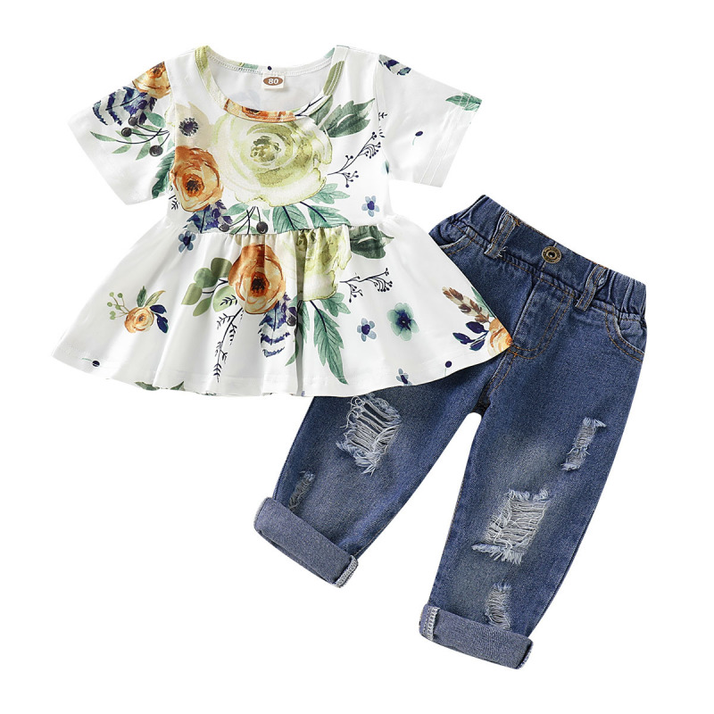 Hot sale 2021 Summer Popular  Fashion baby Girls Print ruffle Tops  ripped jeans denim Trousers Clothing sets