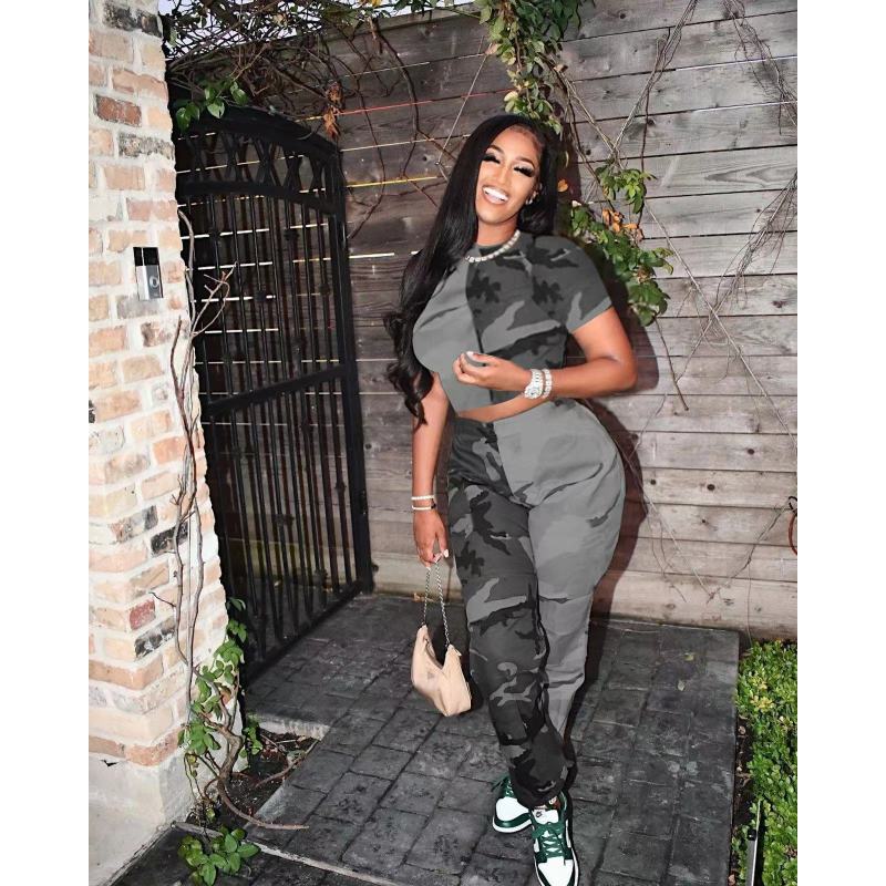 Custom Logo Patchwork Printed Camouflage Suits Jogger Sweatsuit Two Piece Outfits 2022 Summer Women Sports Sets