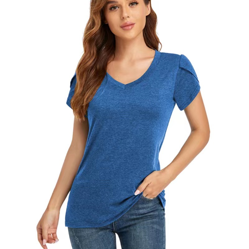 Conyson Hot Wholesale Casual Style Spring Summer Plain V Neck Petal Sleeve Loose Oversize Women White Tops Short T-shirt