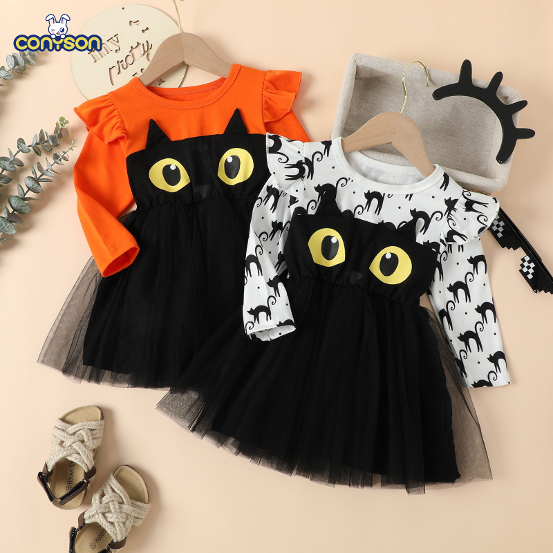 Conyson 1-6 Years Toddler Baby Girl Clothes Long Sleeve Mesh Tulle Princess Dresses Cartoon Cat Halloween Girls Dress
