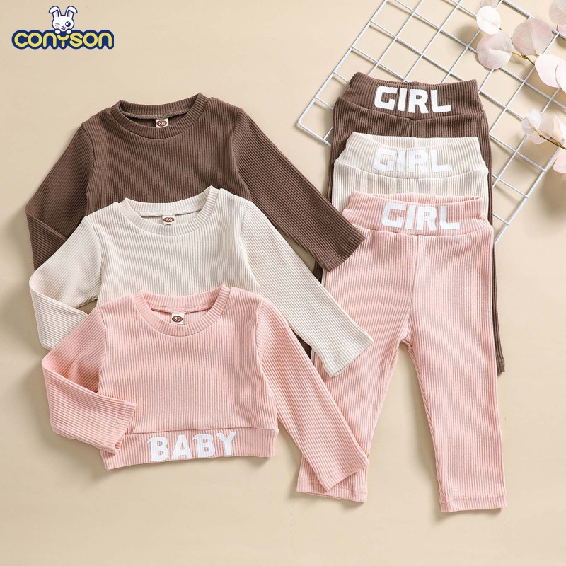Conyson Wholesale Kids Spring Fall Clothing 2021 Custom Top Pants Sets Boutique Outfits Toddler Girls Clothing Set
