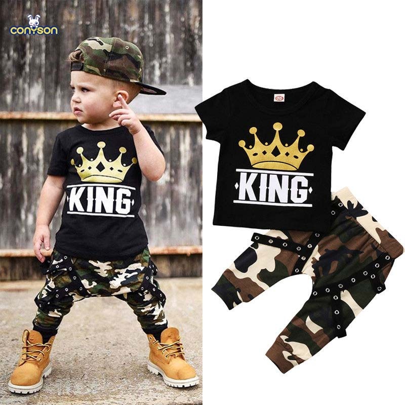 Conyson Baby Boys Camouflage Long Pants+Black T-shirt Suit Sets Kids Boy Crown King Print Short Sleeve Tops Two-Piece Outfits
