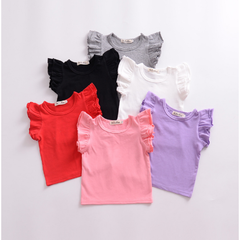 Conyson boutique Children's baby Korean kids Fashion pure color shirt fold shoulder wear Summer cute Girl clothing Tops T-shirt