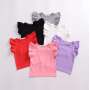 Conyson boutique Children's baby Korean kids Fashion pure color shirt fold shoulder wear Summer cute Girl clothing Tops T-shirt