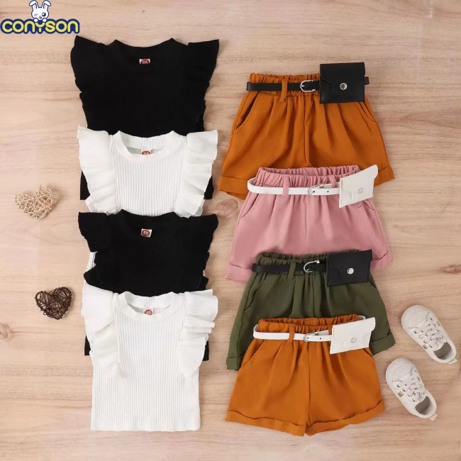 Conyson New Design Custom Ruffle Pit Strip Cotton Fabric Flying Sleeve With Bag Baby Girl Two Piece Spring Summer Short Set