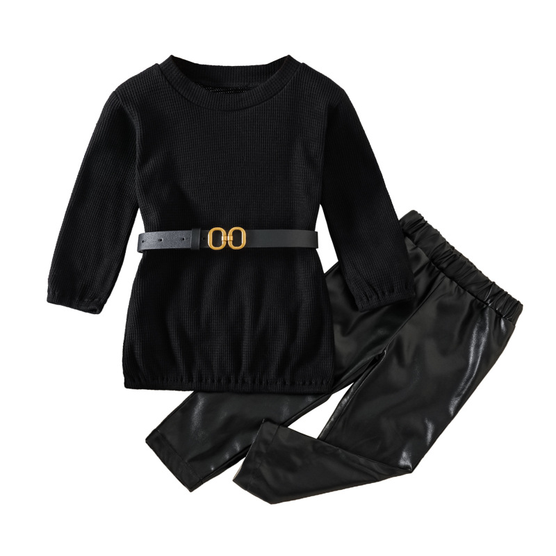 Conyson Hot Sale rts fashion sweater fall kids girls designers kid clothes belt PU leather pant winter clothing wholesale Set