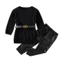 Conyson Hot Sale rts fashion sweater fall kids girls designers kid clothes belt PU leather pant winter clothing wholesale Set