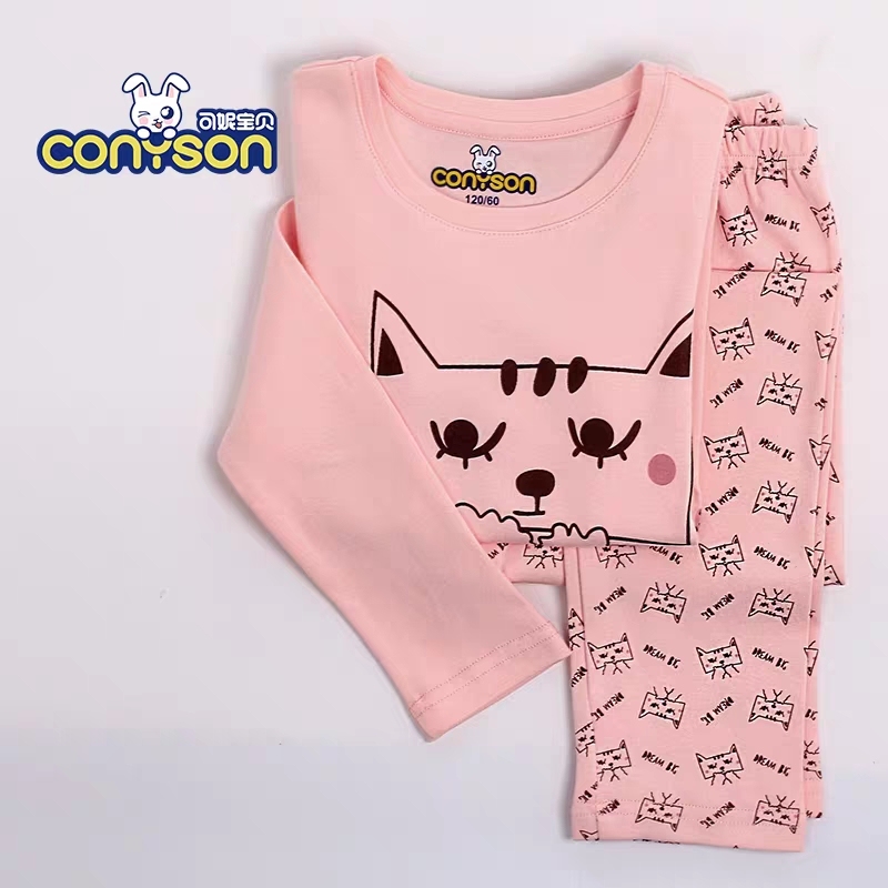 Conyson 100% Cotton Children Clothes High Quality Long Sleeve Anti-Static Two Piece Custom Pajama Set Sleepwear For Kids Girls