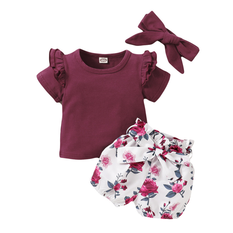 Wholesale 1-7 Years Bow O-Neck Floral Cotton Casual 3 Pcs Kids Girls Summer Clothing Sets