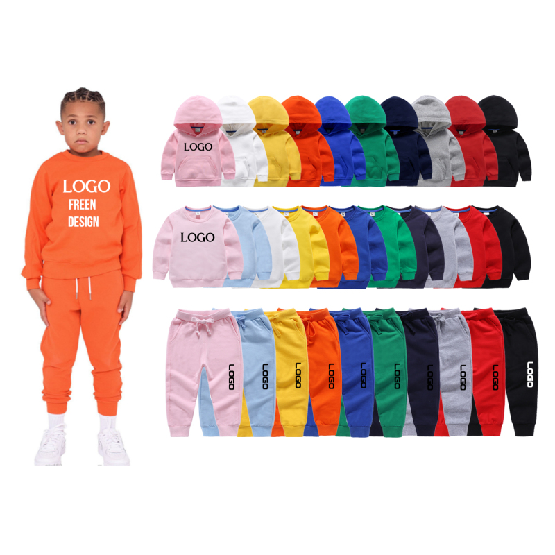 Conyson Cotton Lovely Children Plain Solid Color 2pcs Set Fashion Custom wholesale hoodies LOGO Tracksuit Child Clothing Set