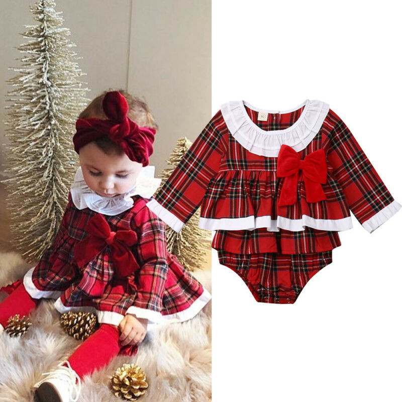Conyson Hot Sale Newborn Baby Girl Clothes Plaid Bowknot Romper Little Girls Jumpsuit Overall Outfits Christmas dress