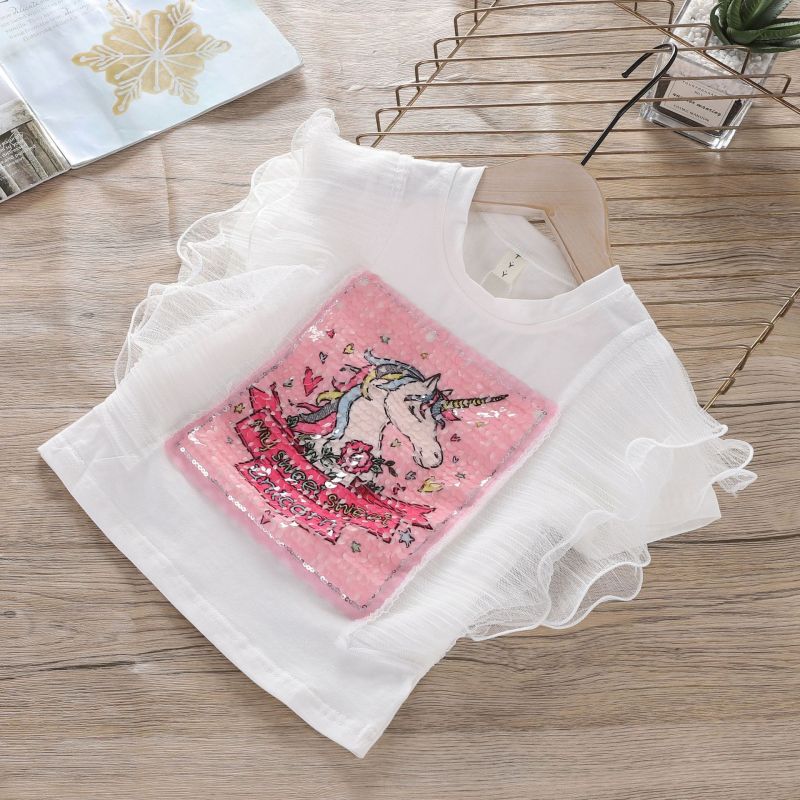 unicorn Girls Clothing Sets 2021 Summer Baby girl casual suit Kids Clothes Sequins Lace T-shirt+Denim skirt Children Suit 2-7yrs