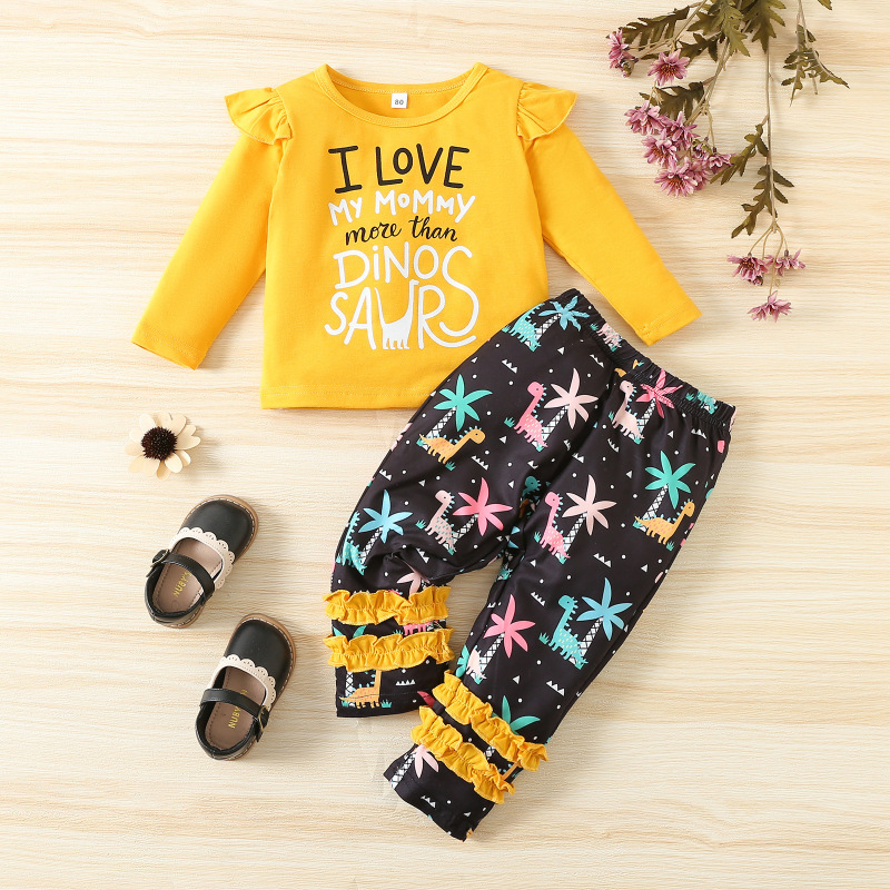 Conyson wholesale popular autumn leisure O-Neck long Sleeve Girls print cartoon Baby kids Clothing Cotton Kids clothes Sets